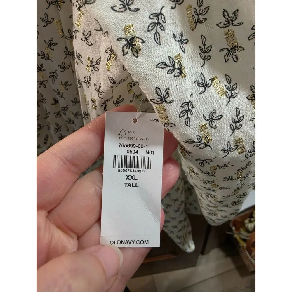 Old Navy Floral Poet Blouse XXL Tall NWT Square Neck Gold Metallic Boho